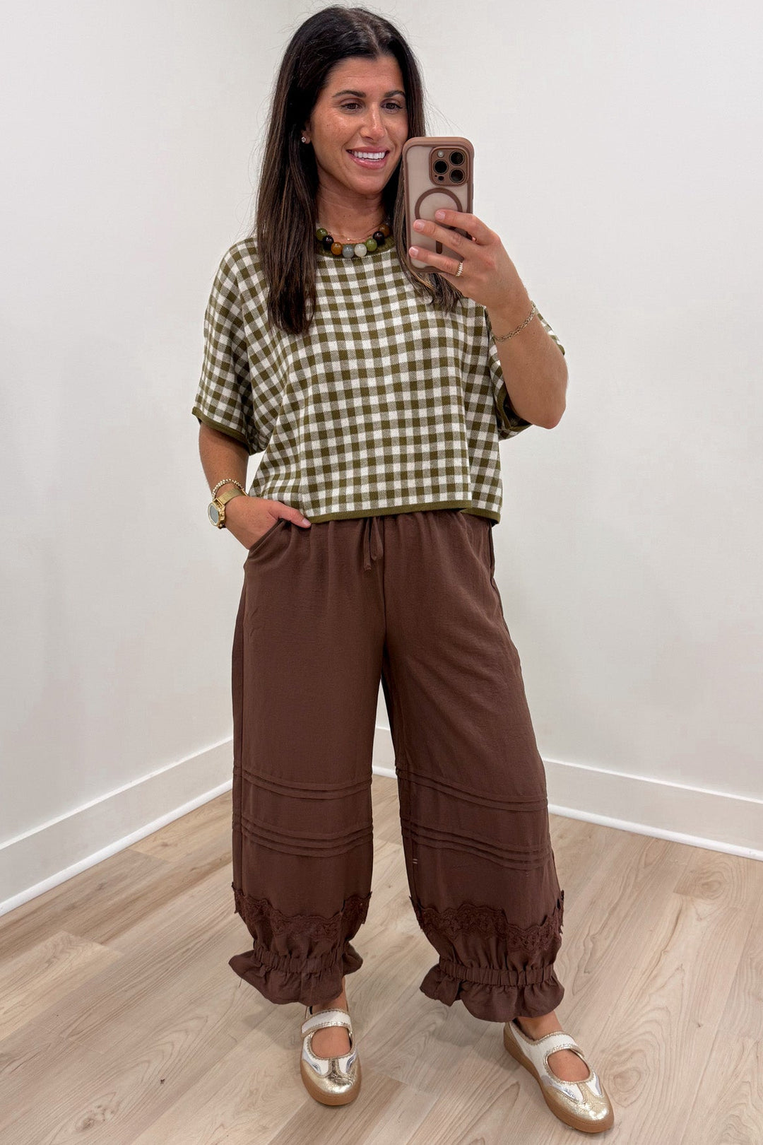 solid brown elastic waist wide leg cropped pants with elastic ruffle cuffed ankles