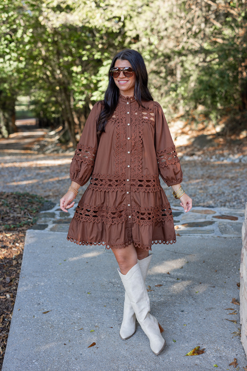 brown lace pearl button fall dress