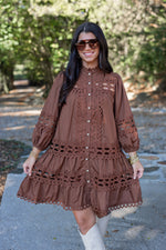 brown lace pearl button fall dress