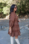 brown lace pearl button fall dress