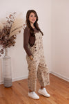 brown floral denim overall jumpsuit