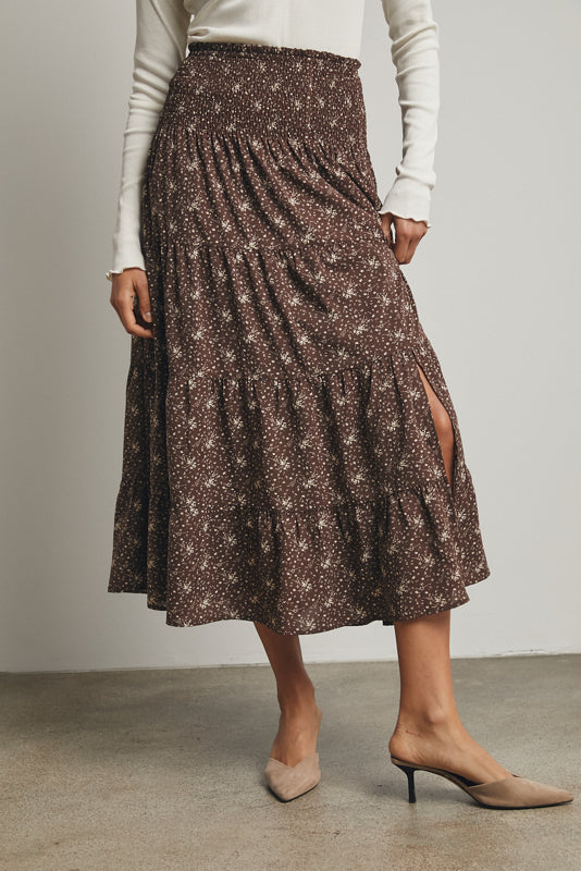 brown and taupe floral midi skirt wishlist slit