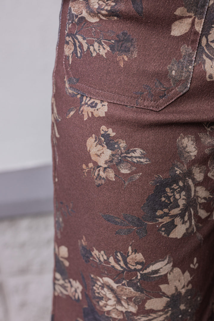 Women's brown twill floral print wide leg pants by Entro showing close look at floral pattern