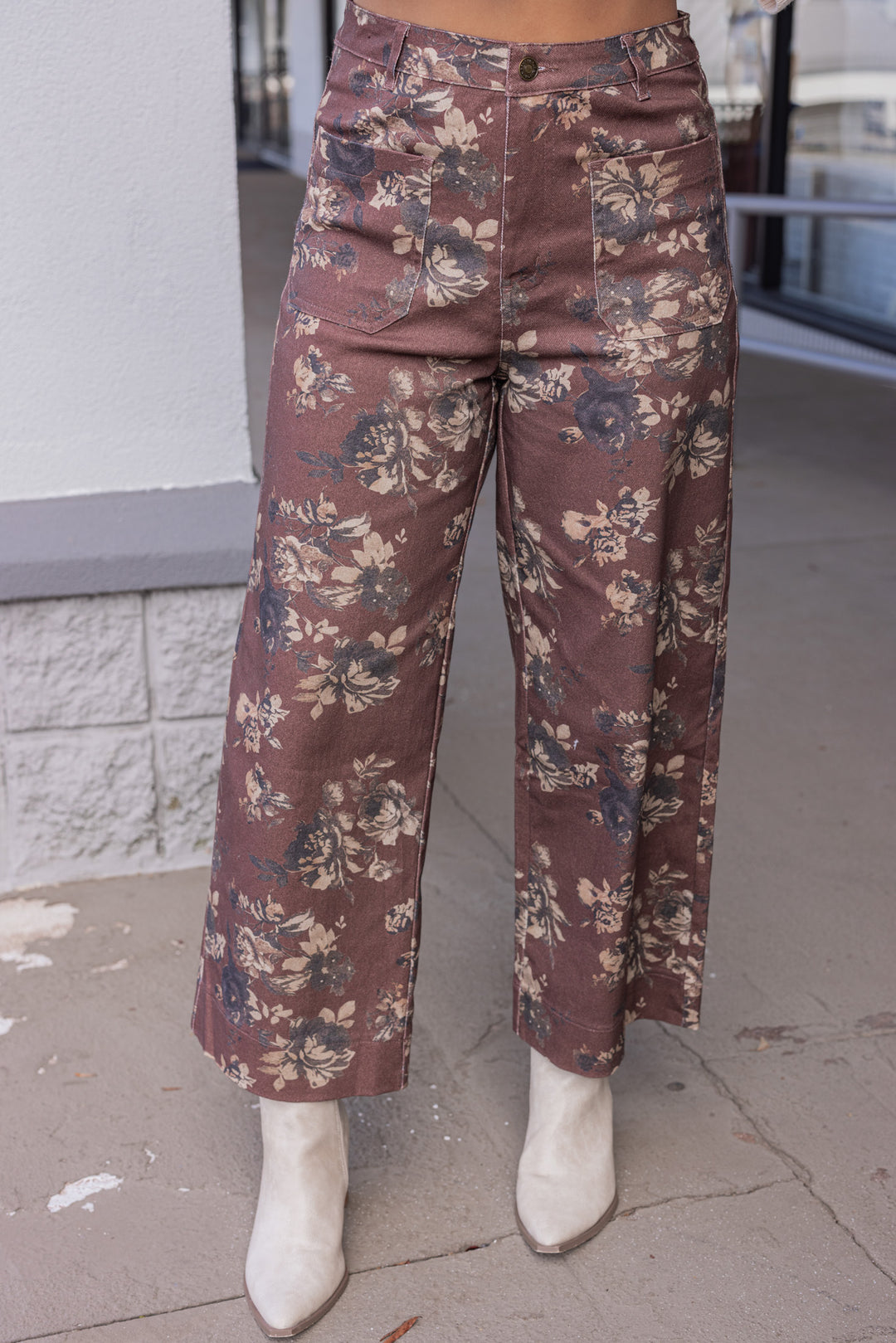 Women's brown twill floral print wide leg pants by Entro