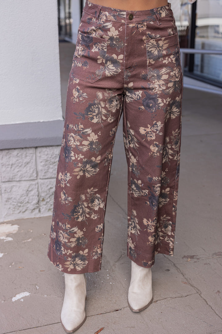 Women's brown twill floral print wide leg pants by Entro