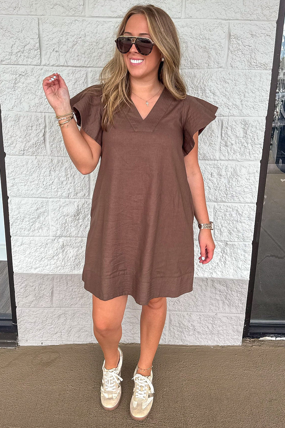 solid brown short flutter sleeve v neckline relaxed fit linen blend short dress
