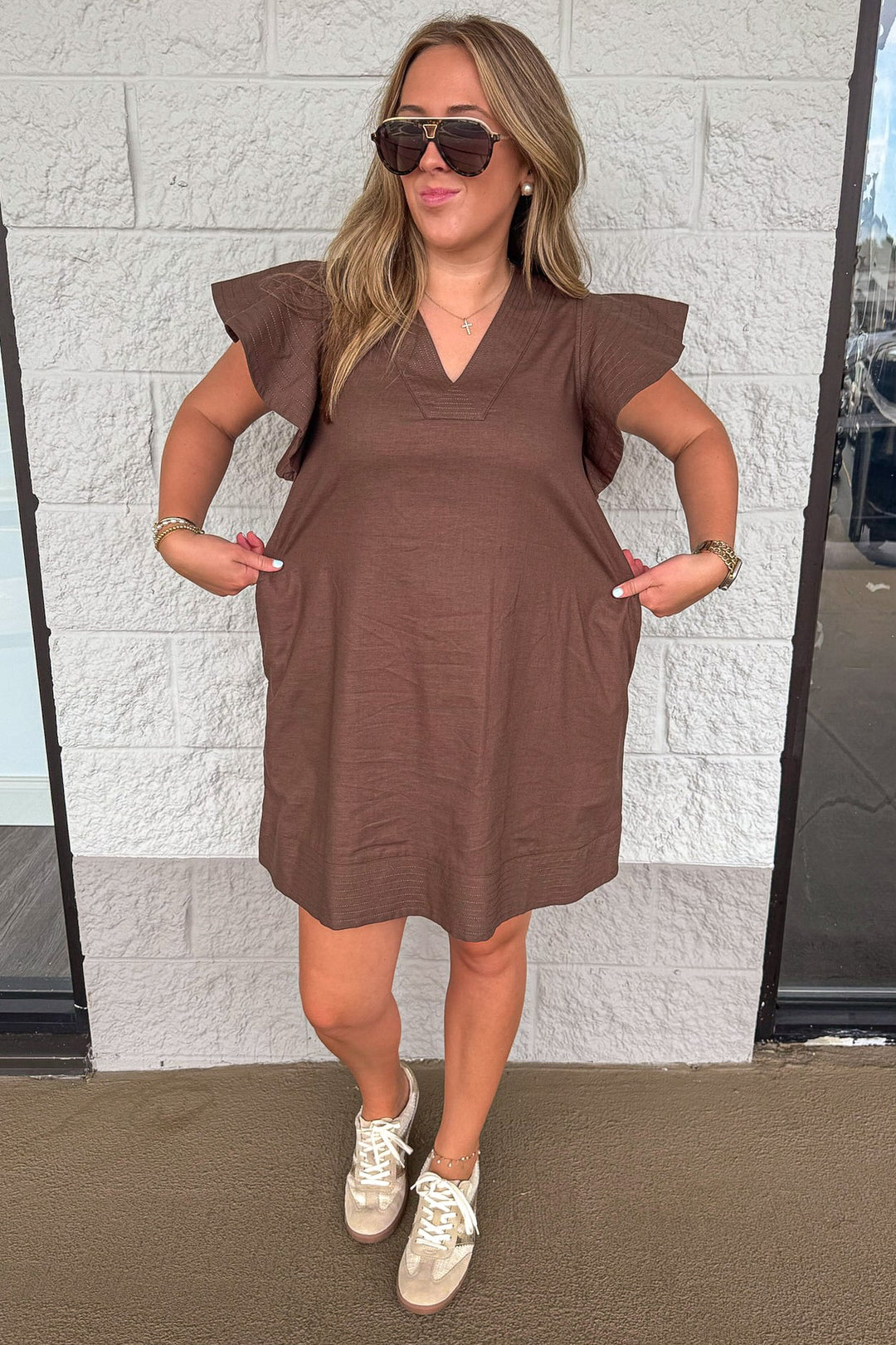 solid brown short flutter sleeve v neckline relaxed silhouette short dress