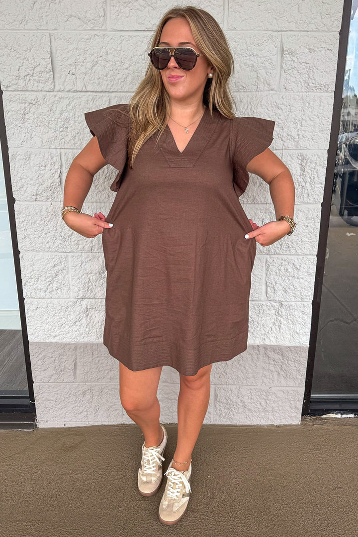 solid brown short flutter sleeve v neckline relaxed silhouette short dress