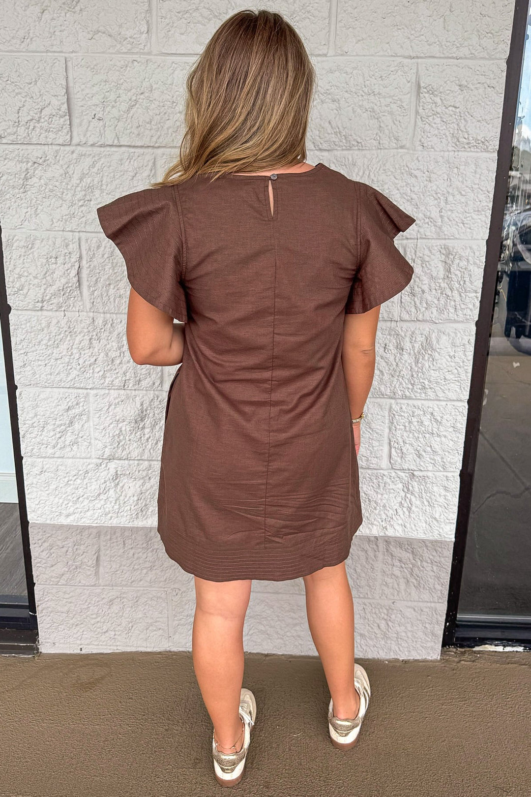 solid brown short flutter sleeve v neckline relaxed fit short dress with keyhole button closure