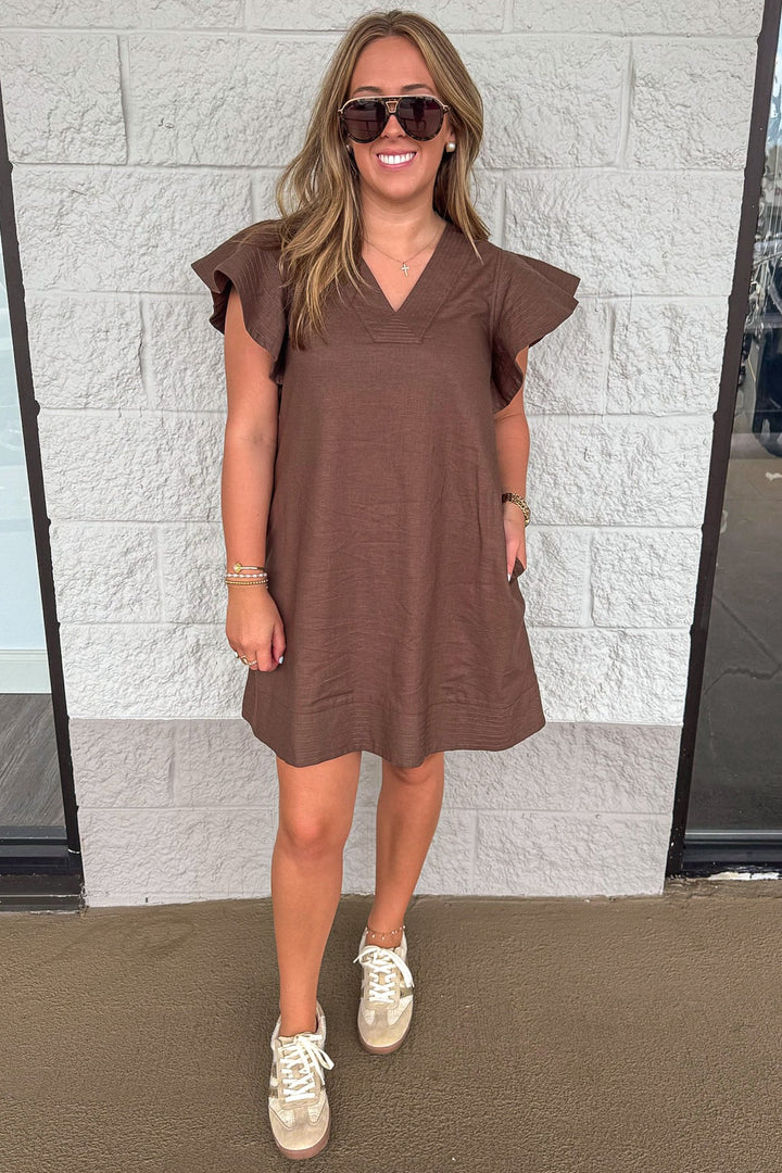 solid brown short flutter sleeve v neckline relaxed fit short dress