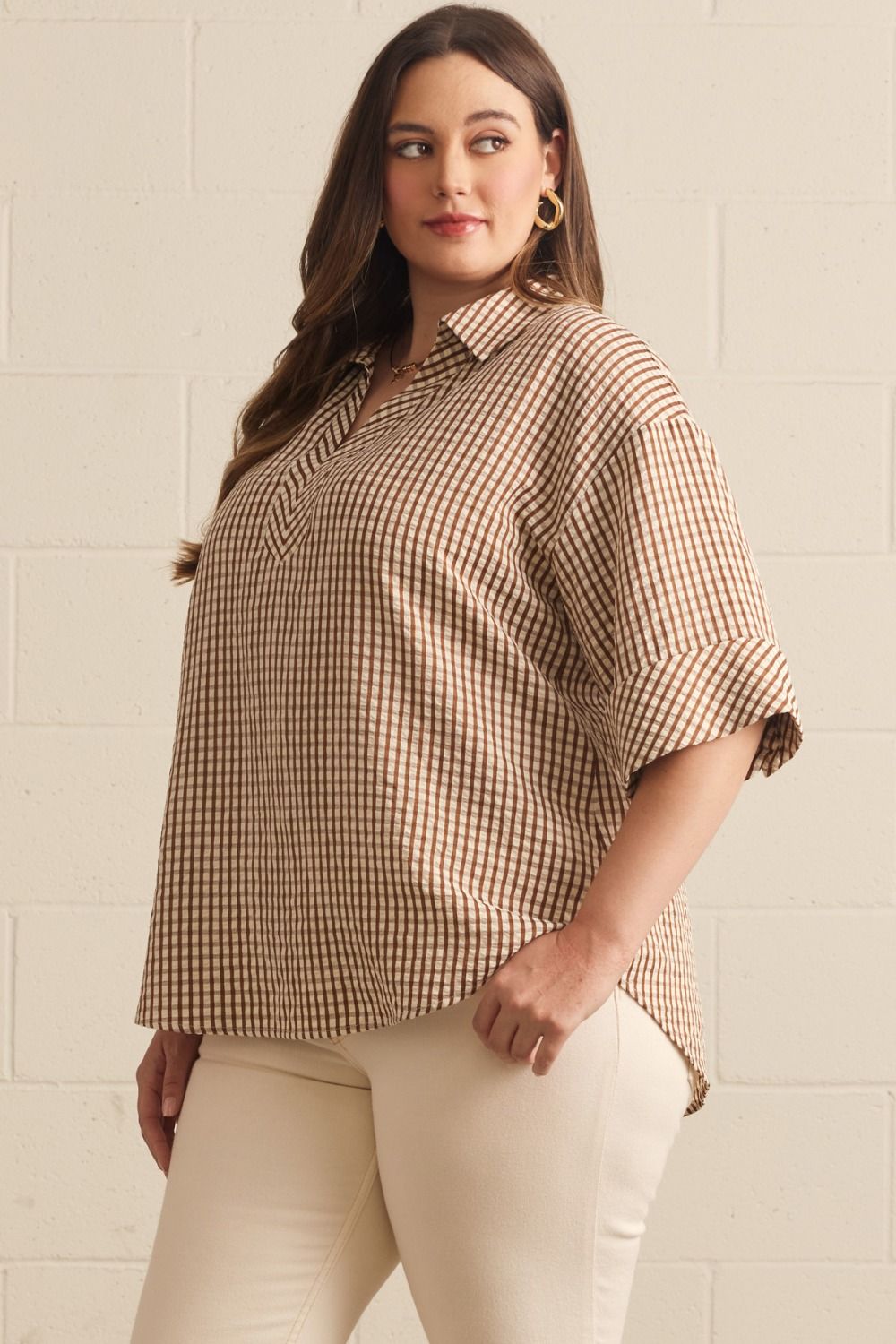 Entro plus size brown and cream gingham checkered print top with 1/2 length sleeves