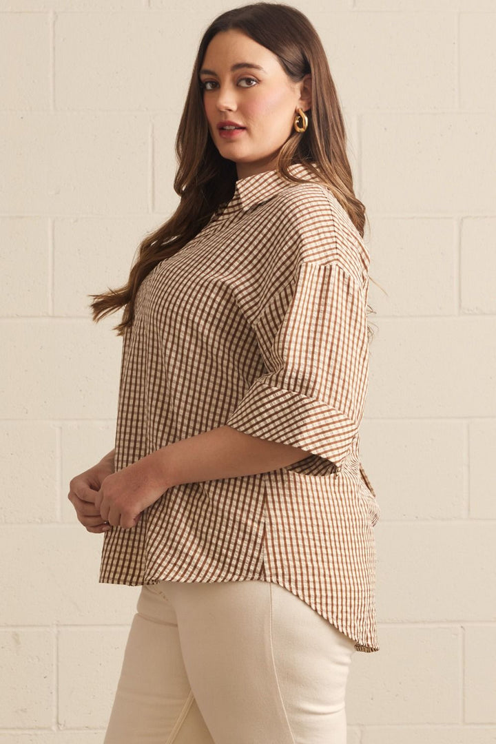 Entro plus size brown and cream gingham checkered print top with v neck and collar