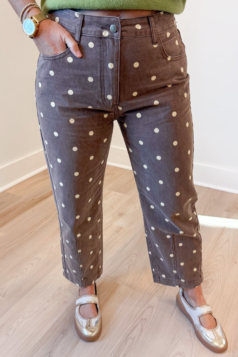washed brown with ivory polka dot print cropped leg ankle tapered denim pants with button zipper closure