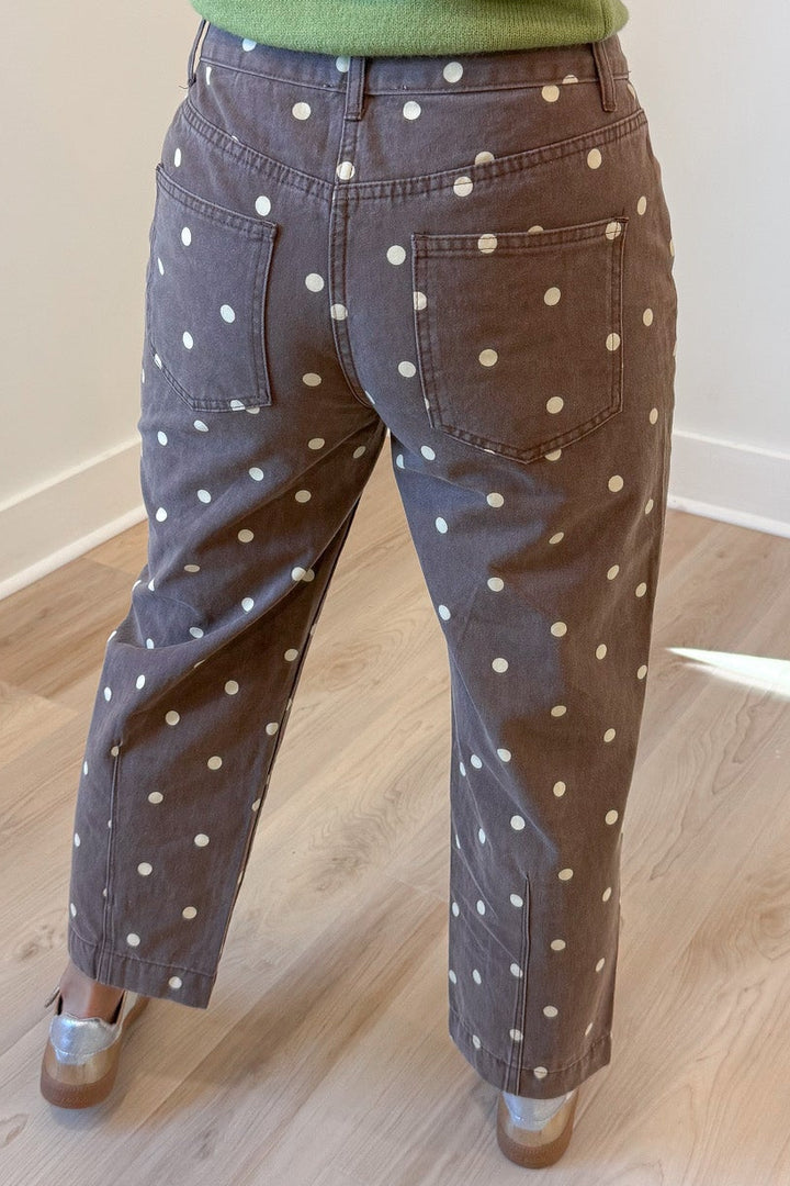 washed brown with ivory polka dot print cropped leg ankle tapered denim pants with five pocket design