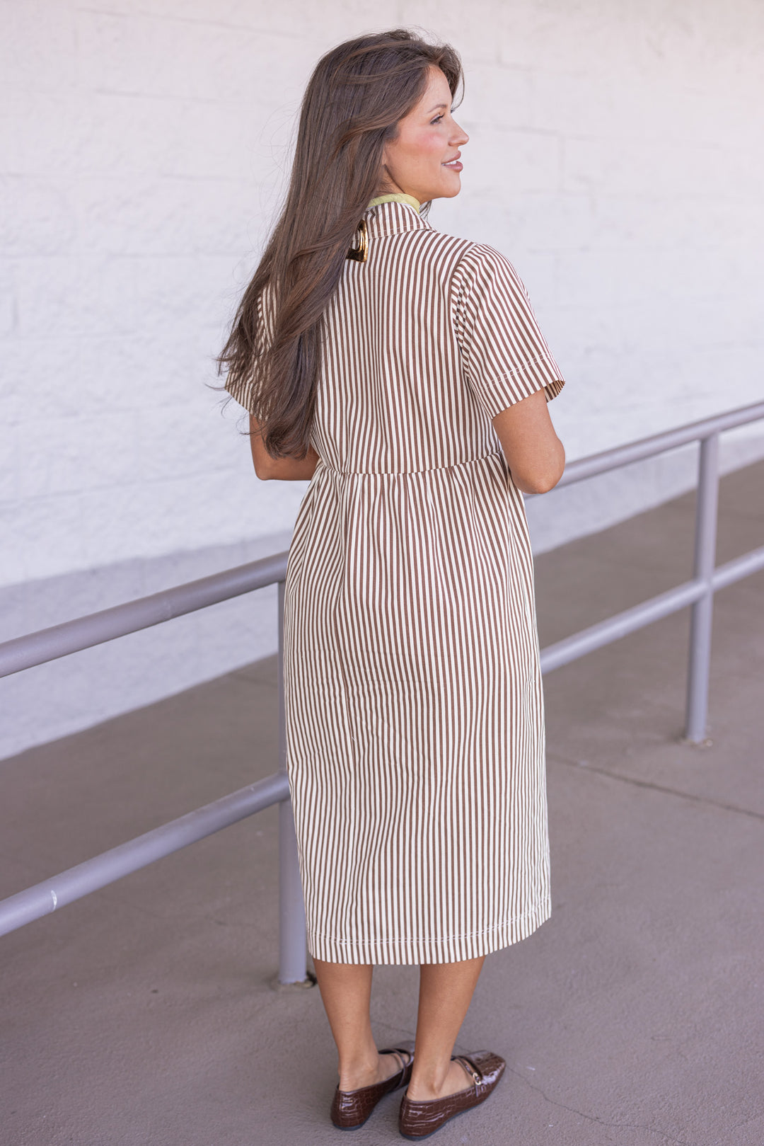 Women's chocolate and cream striped twill midi dress by Wishlist showing back view