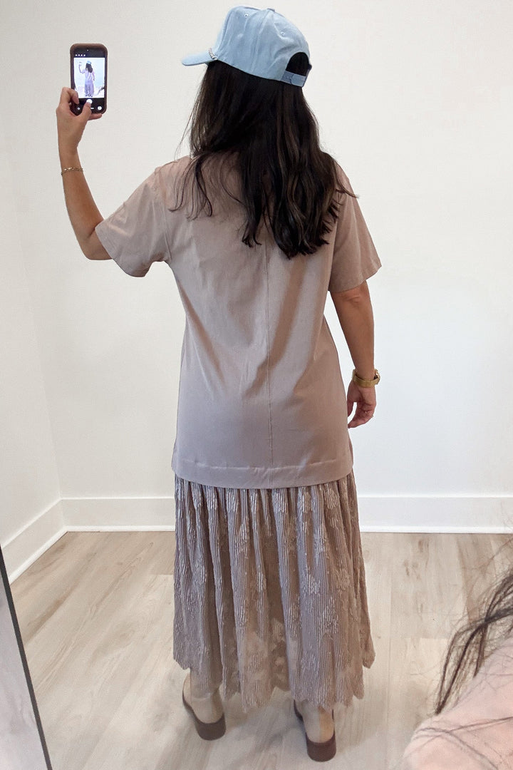 solid light brown lace bottom short sleeve relaxed silhouette t-shirt midi dress