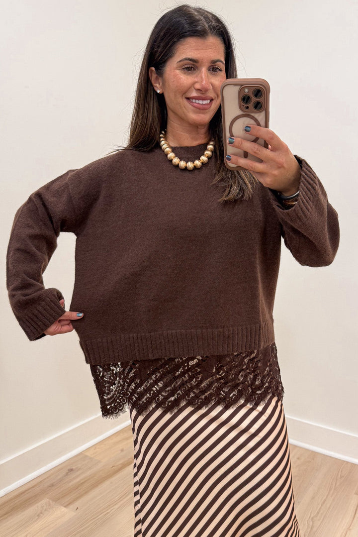 solid chocolate brown long sleeve relaxed fit knit sweater top with tiered lace bottom hem