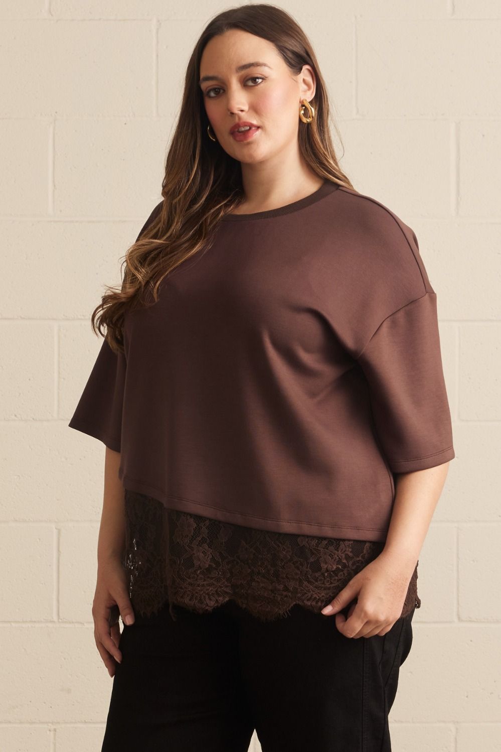 Entro plus size brown short sleeve top with asymmetrical tiered lace detail at hem