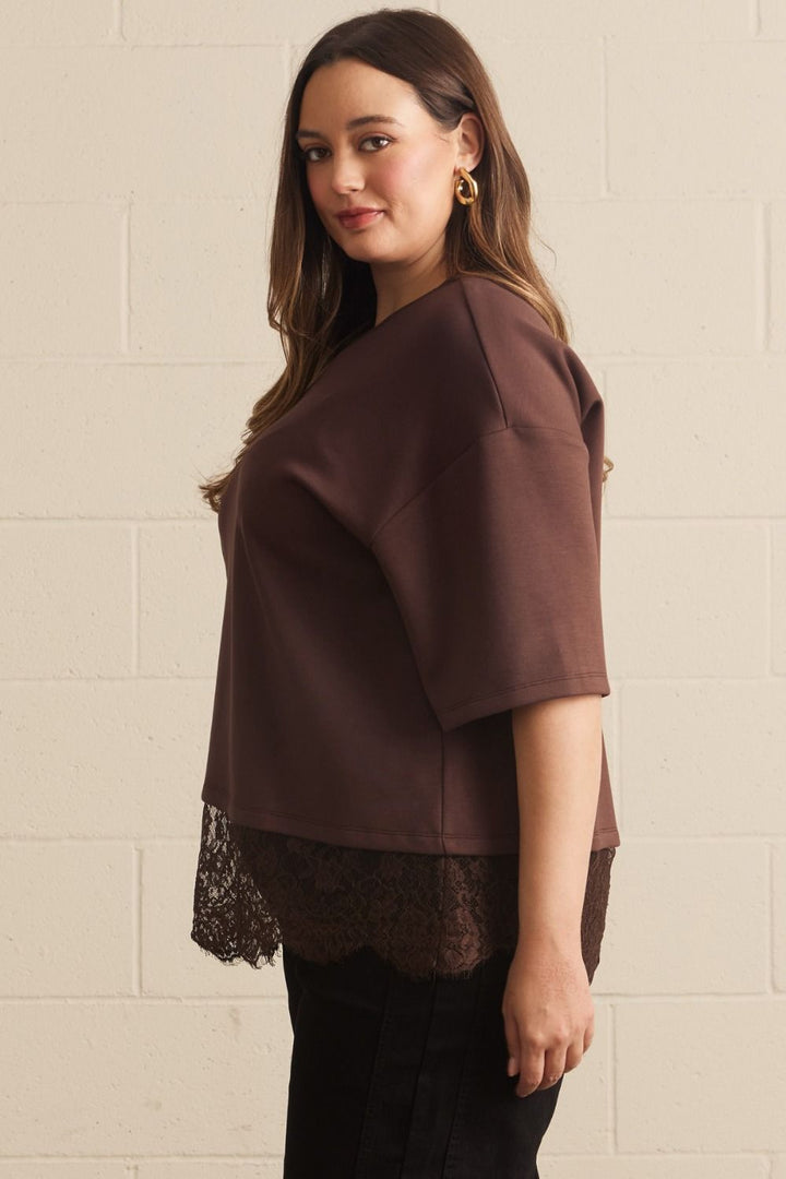 Entro trendy plus size brown top with asymmetrical tiered lace detail at hem