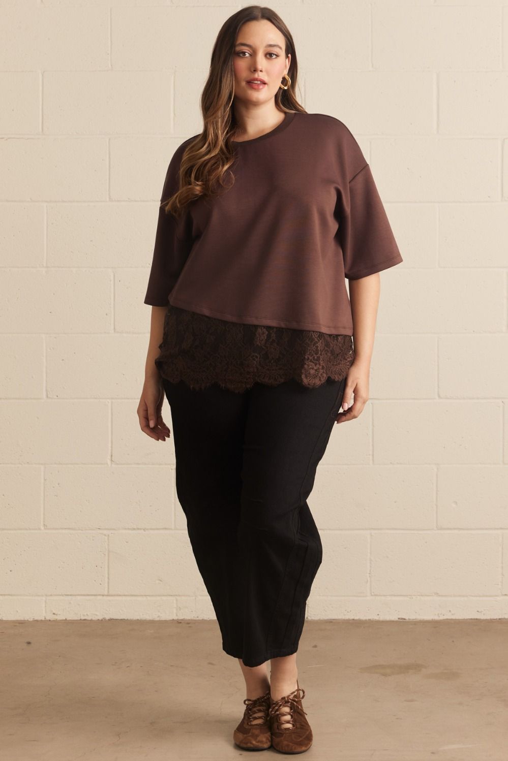 Entro plus size brown crew neck top with asymmetrical tiered lace detail at hem