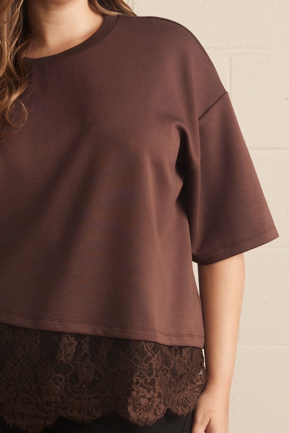 Entro brown top with asymmetrical tiered lace detail at hem in plus size