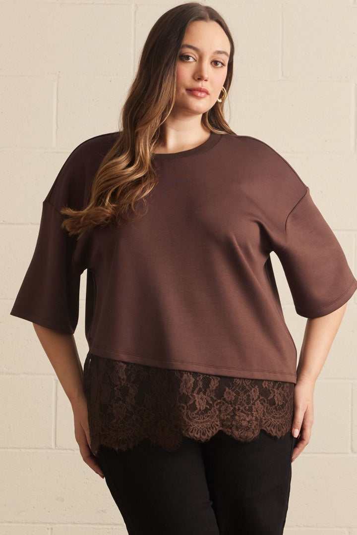Entro plus size brown top with asymmetrical tiered lace detail at hem