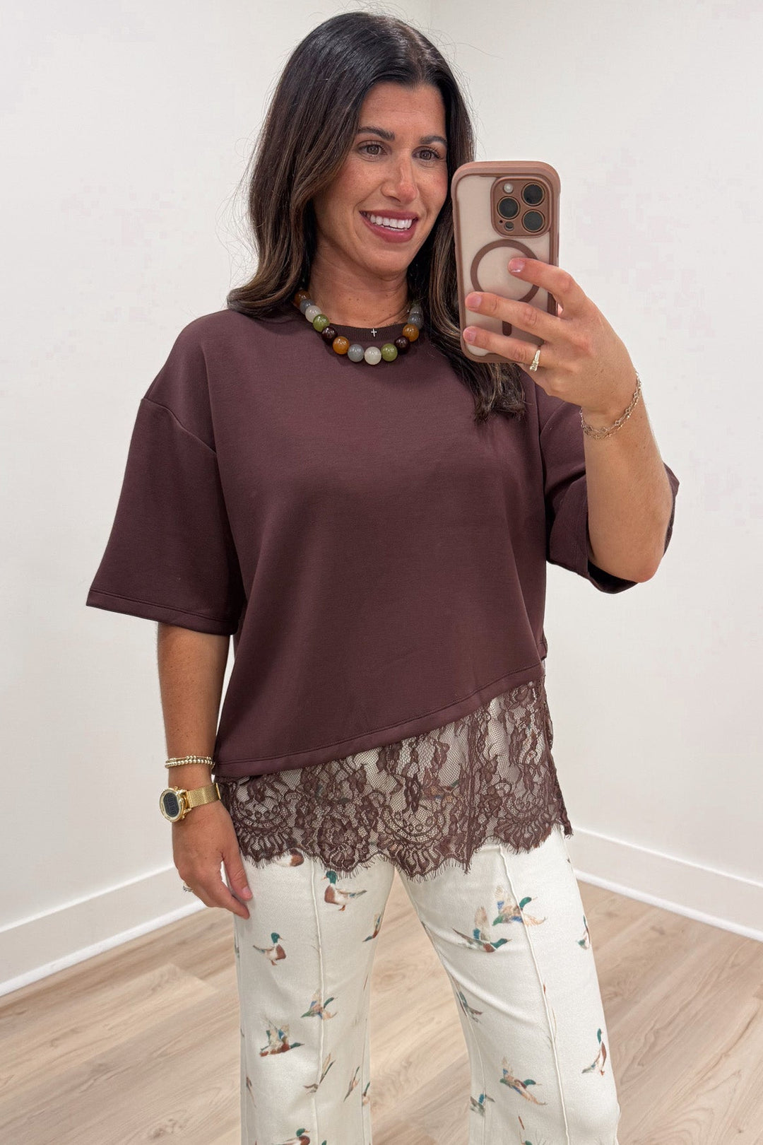 solid brown asymmetrical tiered lace hem short sleeve crew neckline top