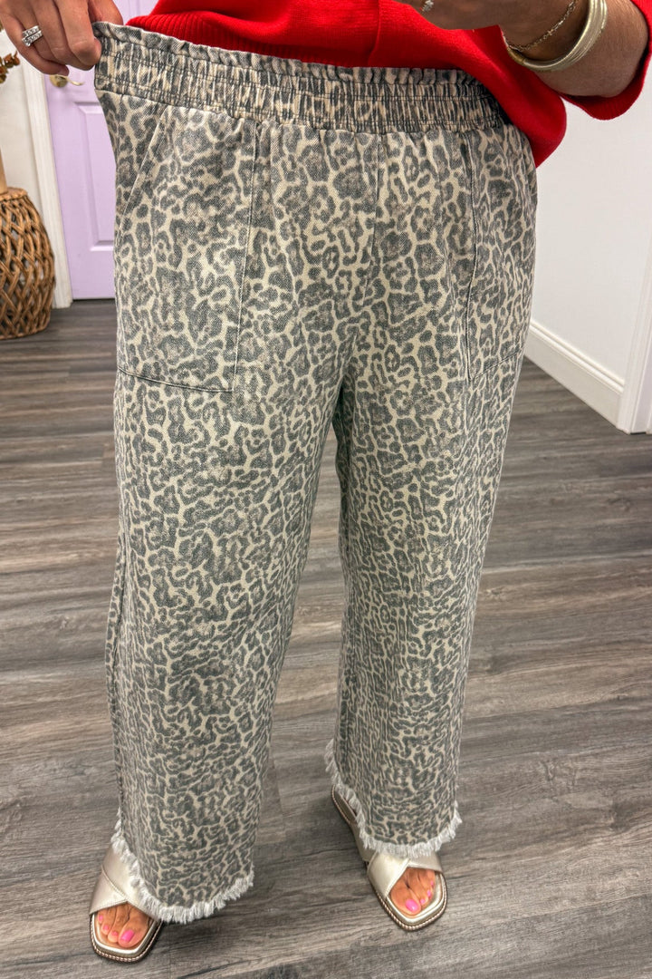 washed brown black and tan leopard print wide leg elastic waistband denim pants