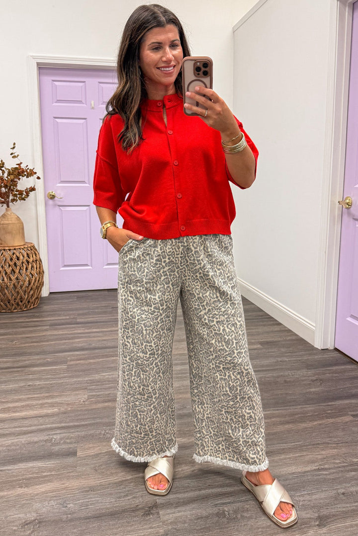 washed brown black and tan leopard print wide leg elastic waist denim pants