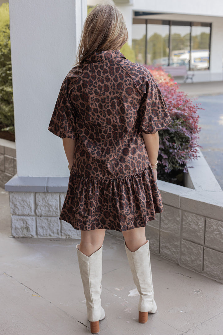 Women's brown and black leopard print Ana pocket dress by Karlie showing full back view