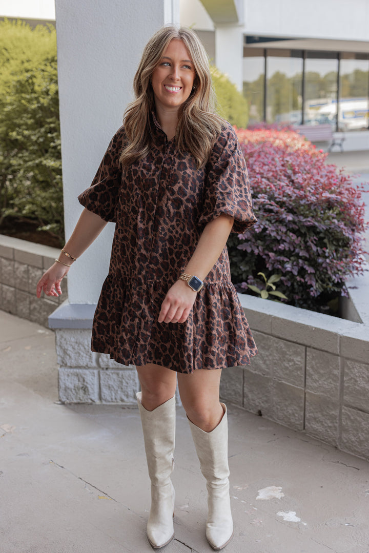 Women's brown and black leopard print Ana pocket dress by Karlie showing full front view