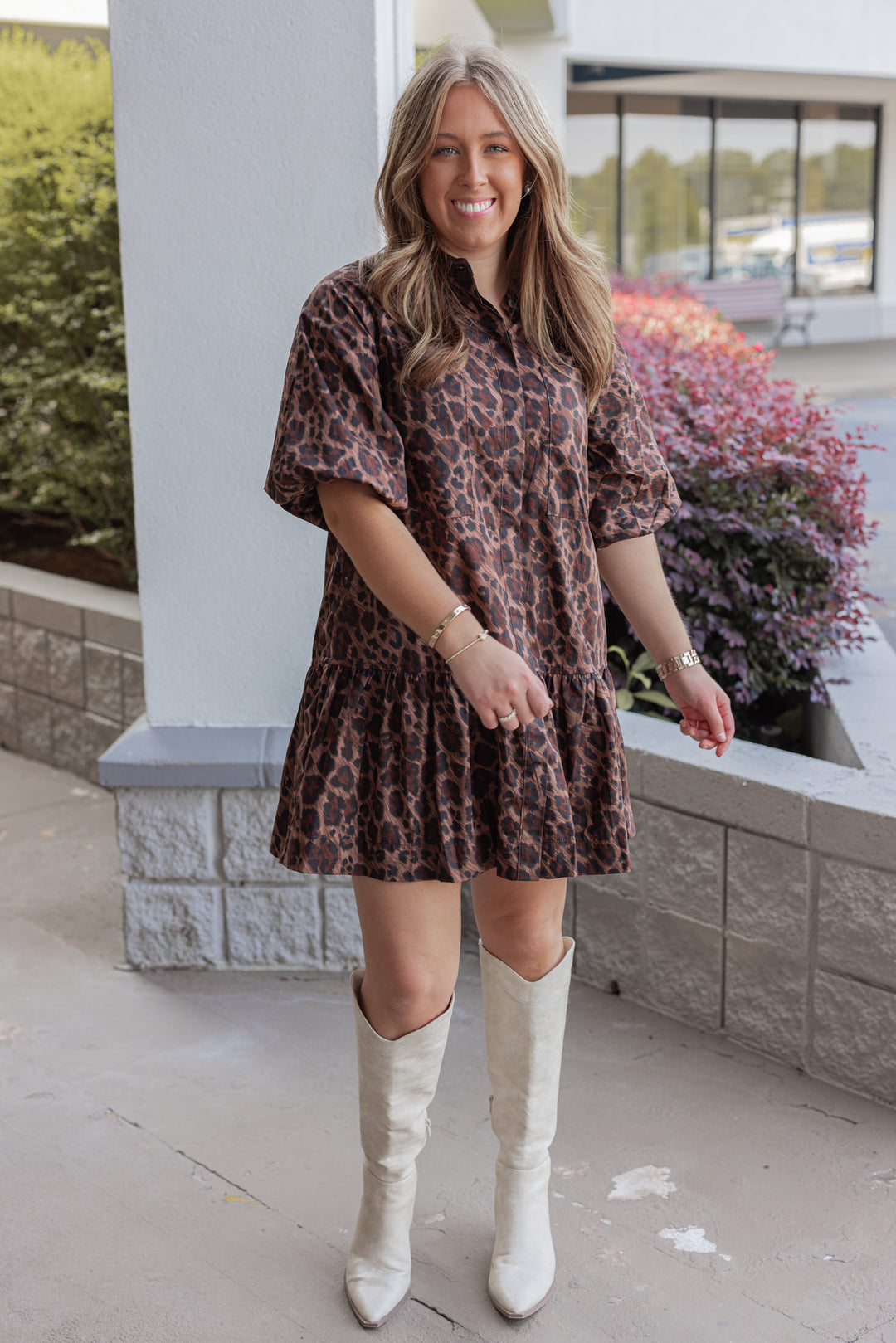 Women's trendy and perfect for fall brown and black leopard print Ana pocket dress by Karlie