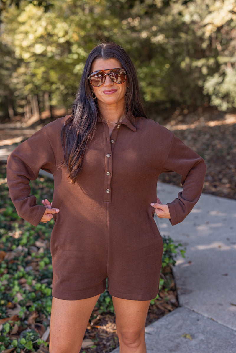 brown knit long sleeve romper