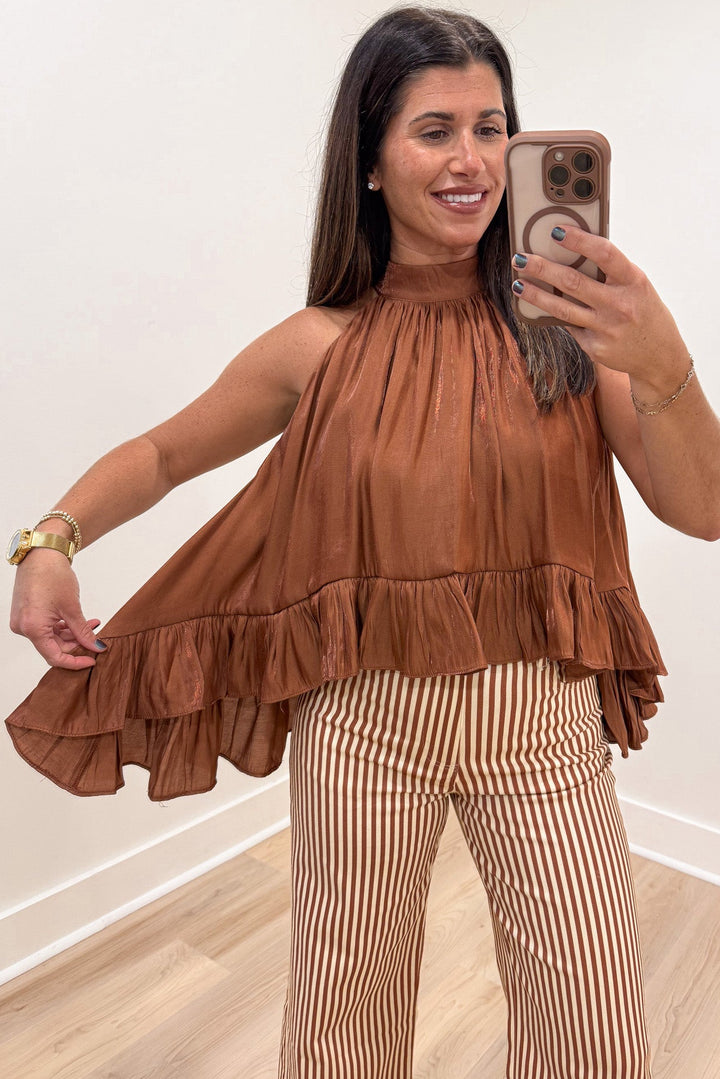 solid brown with metallic shimmer details ruffled trimmed sharkbite hem sleeveless satin halter top