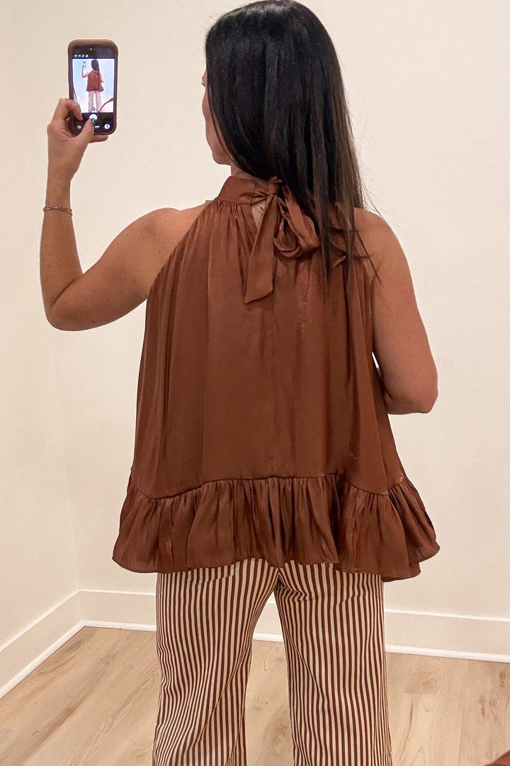 solid brown with metallic shimmer details sharkbite hem sleeveless satin tie-back halter top