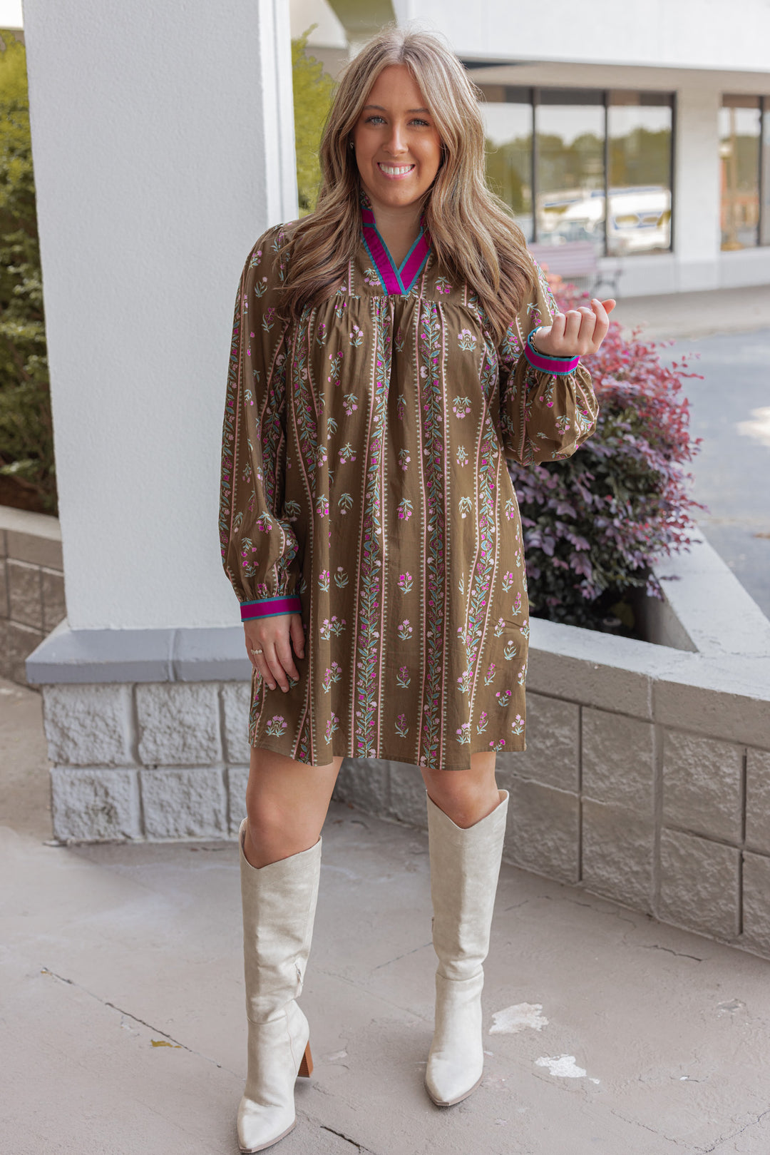 Women's brown olive babydoll dress with floral trellis print and hot pink trim by Jodifl