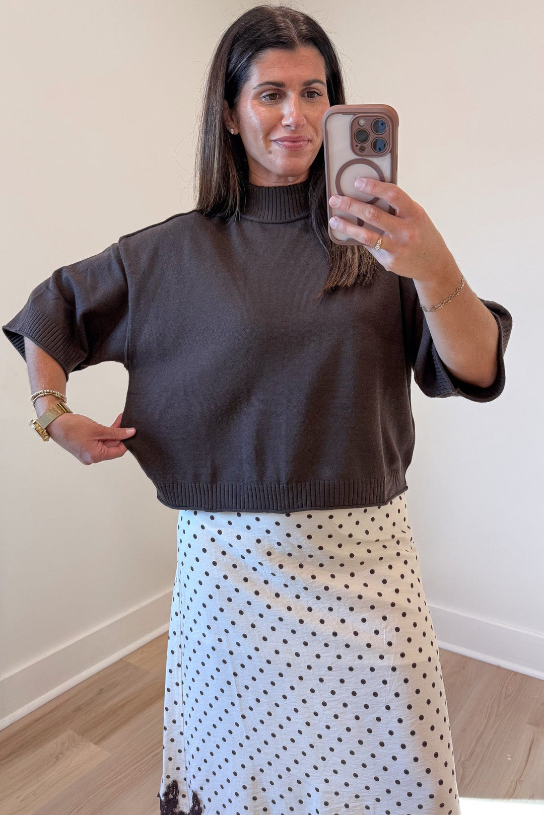 solid chocolate brown half sleeve mock neckline relaxed silhouette semi-cropped knit sweater top