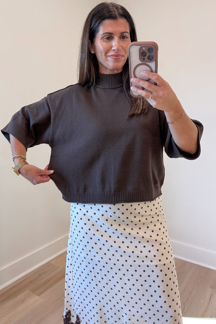 solid chocolate brown half sleeve mock neckline relaxed silhouette semi-cropped knit sweater top