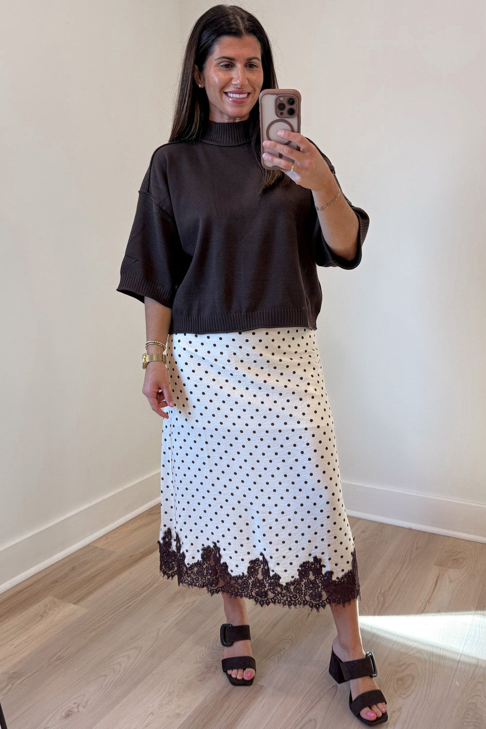 solid chocolate brown half sleeve mock neckline semi-cropped knit sweater top with ribbed trim