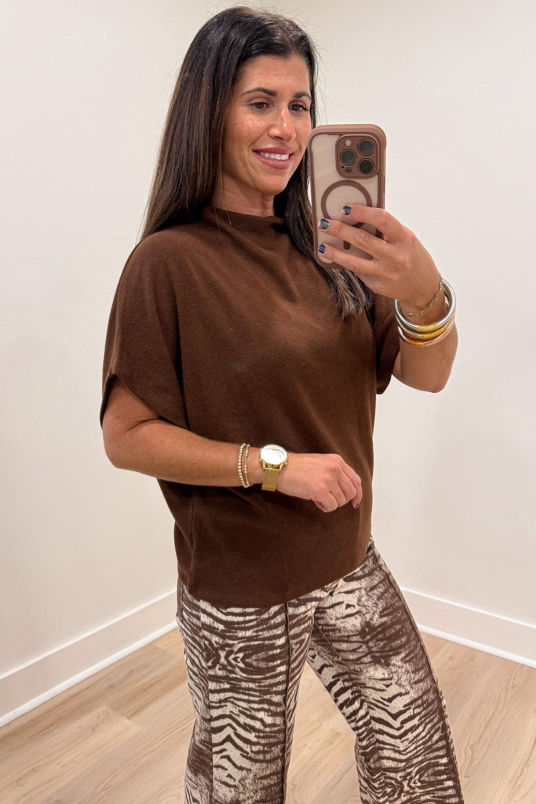 solid brown mock neckline short dolman sleeve lightweight knit sweater top
