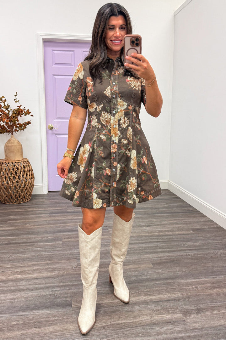 brown olive with multicolor floral print short sleeve button front cotton short dress