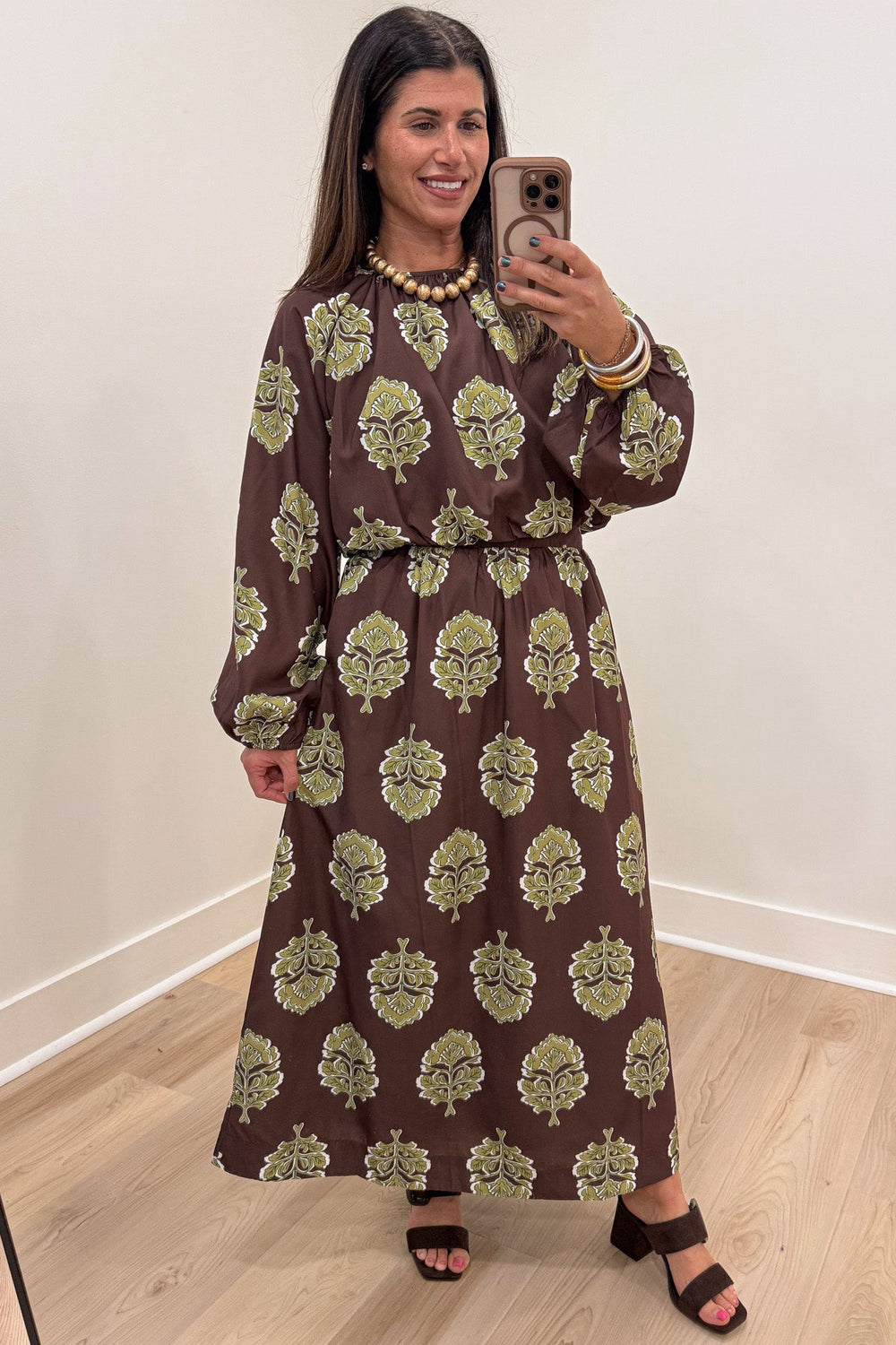 brown with olive green large floral print bubble hem cropped top and midi skirt matching set