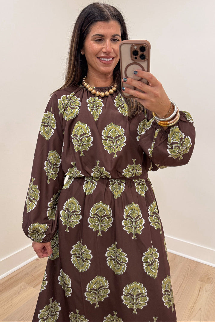 brown with olive green large floral print crew neckline cropped top and midi skirt matching set