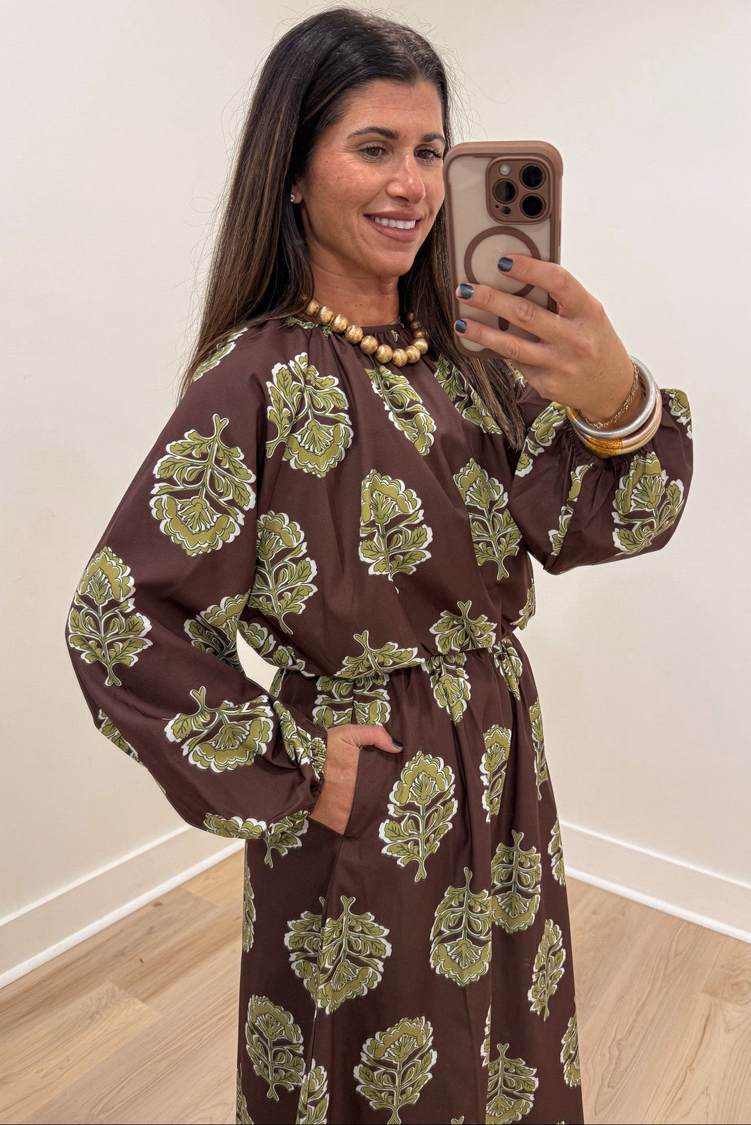 brown with olive green large floral print drop shoulder long sleeve cropped top and midi skirt matching set