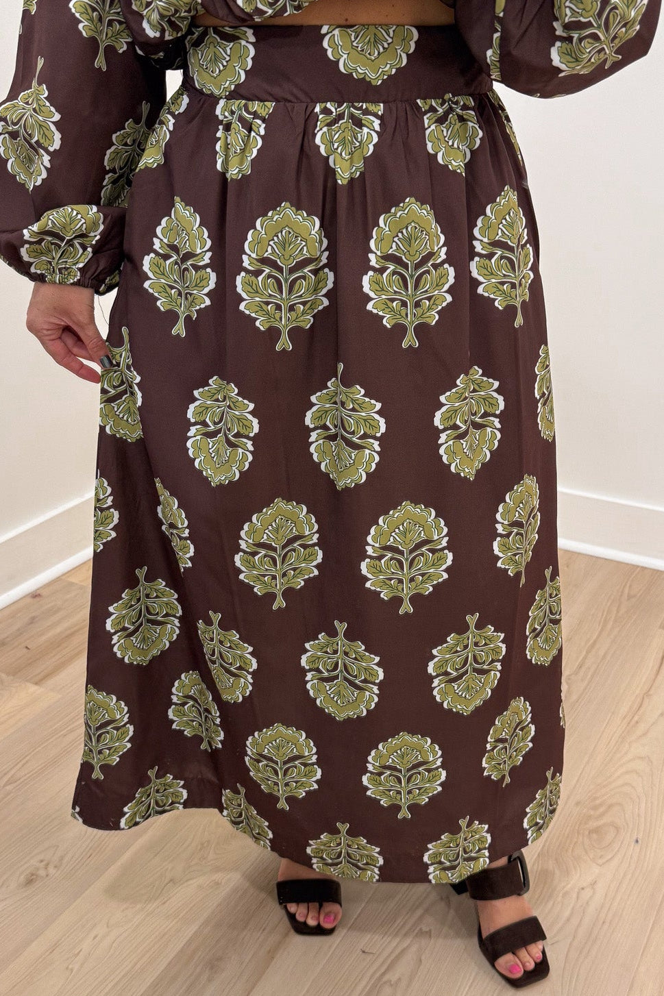 brown with olive green large floral print cropped top and flowy midi skirt matching set