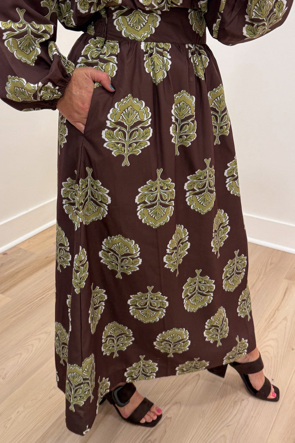 brown with olive green large floral print cropped top and side pocket midi skirt matching set