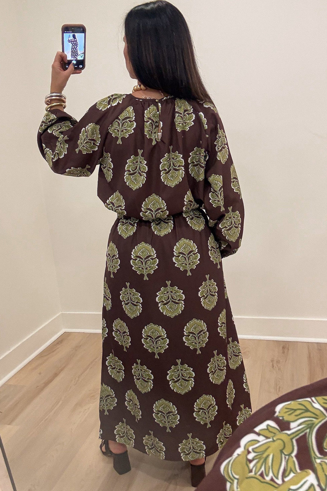 brown with olive green large floral print cropped top and zipper closure midi skirt matching set
