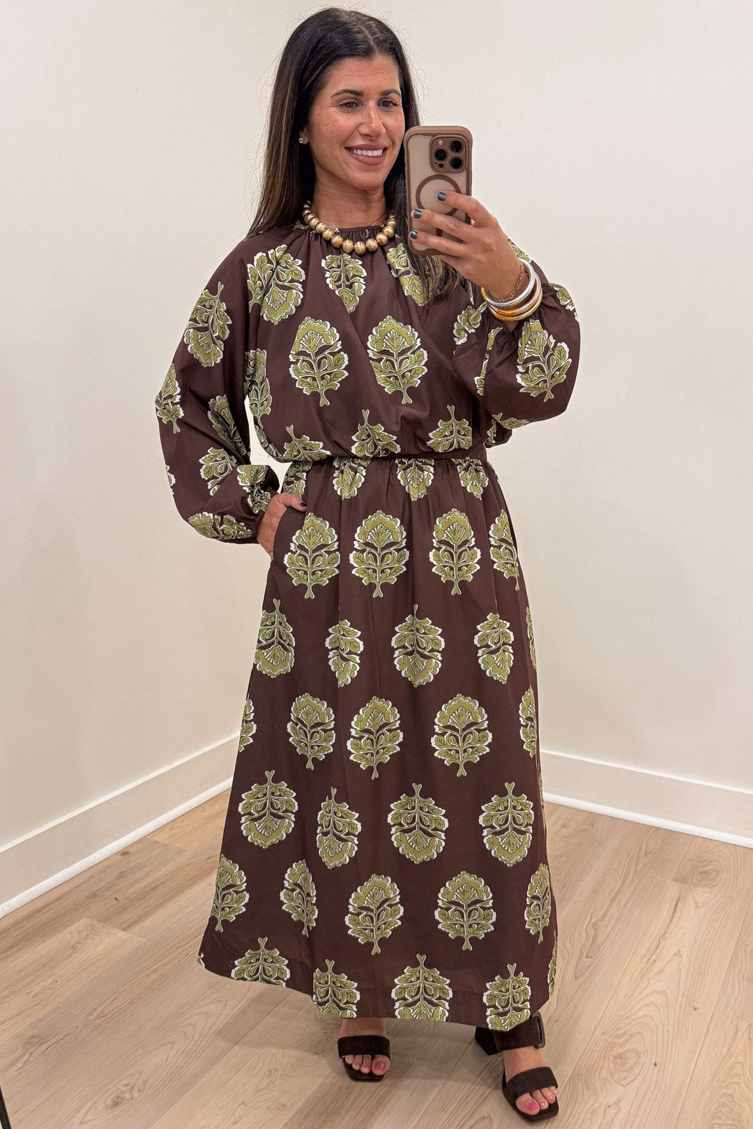 brown with olive green large floral print cropped top and midi skirt matching set