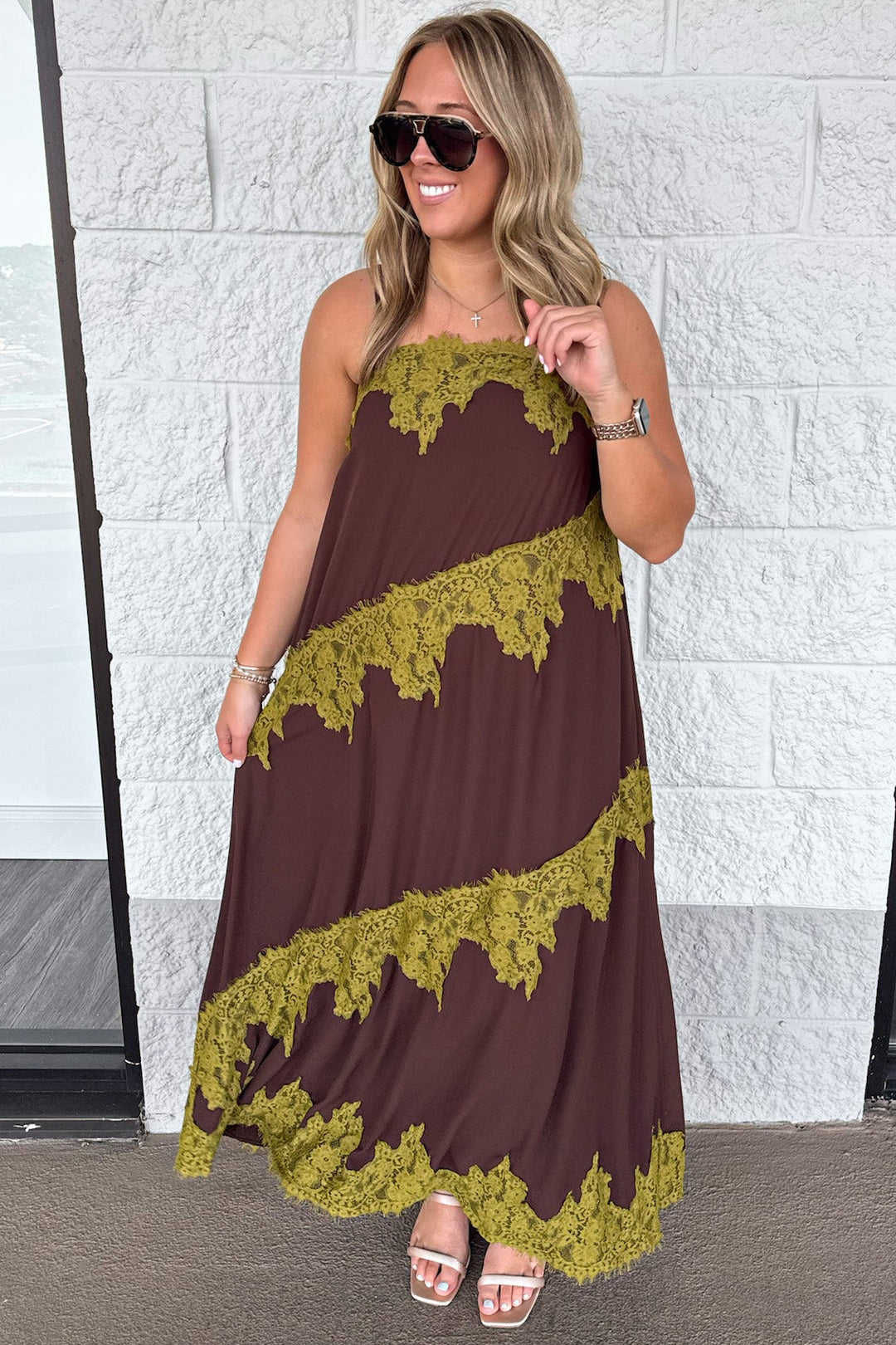 chocolate brown with olive green asymmetrical lace details relaxed silhouette maxi dress
