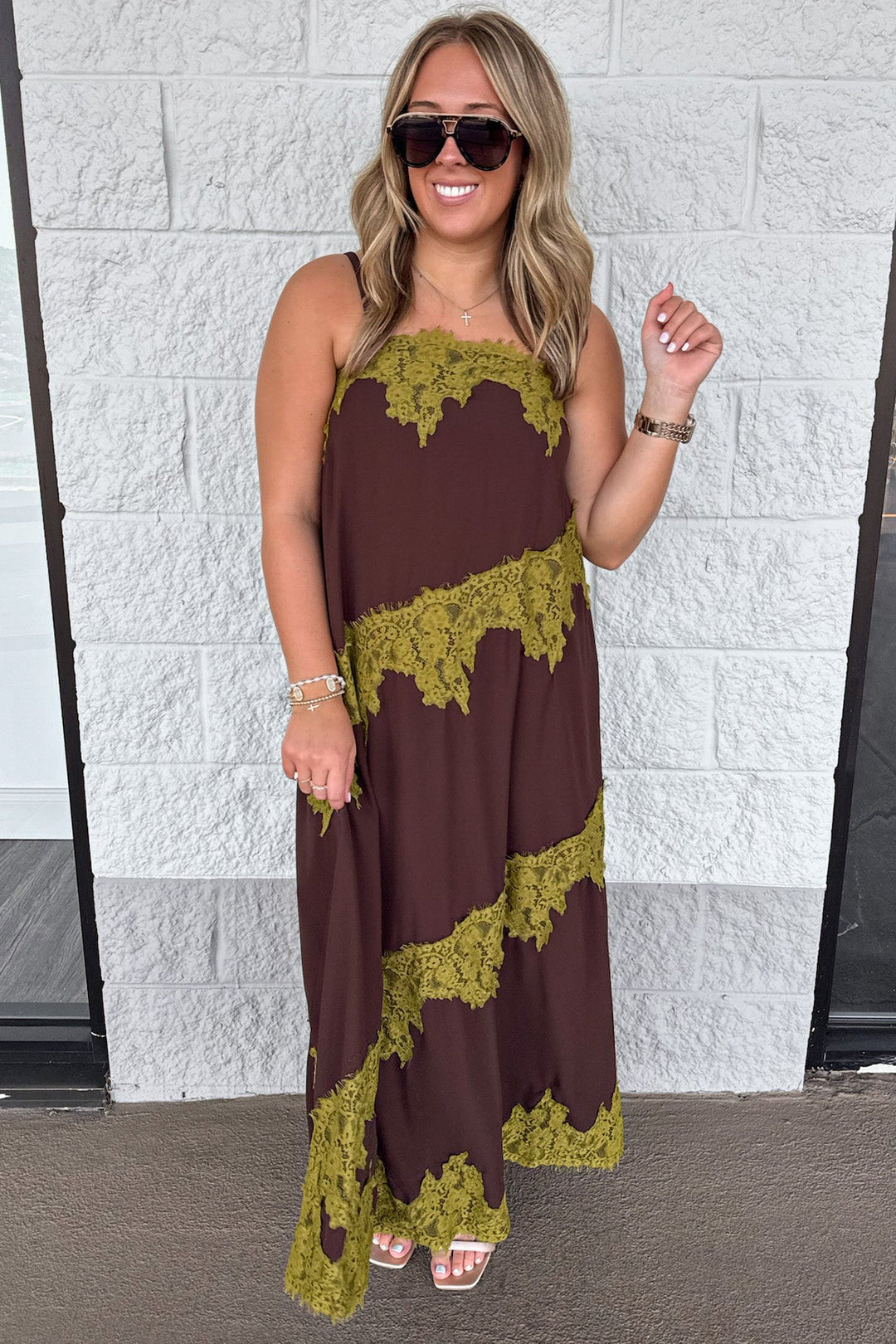 chocolate brown with olive green asymmetrical lace details square neckline maxi dress